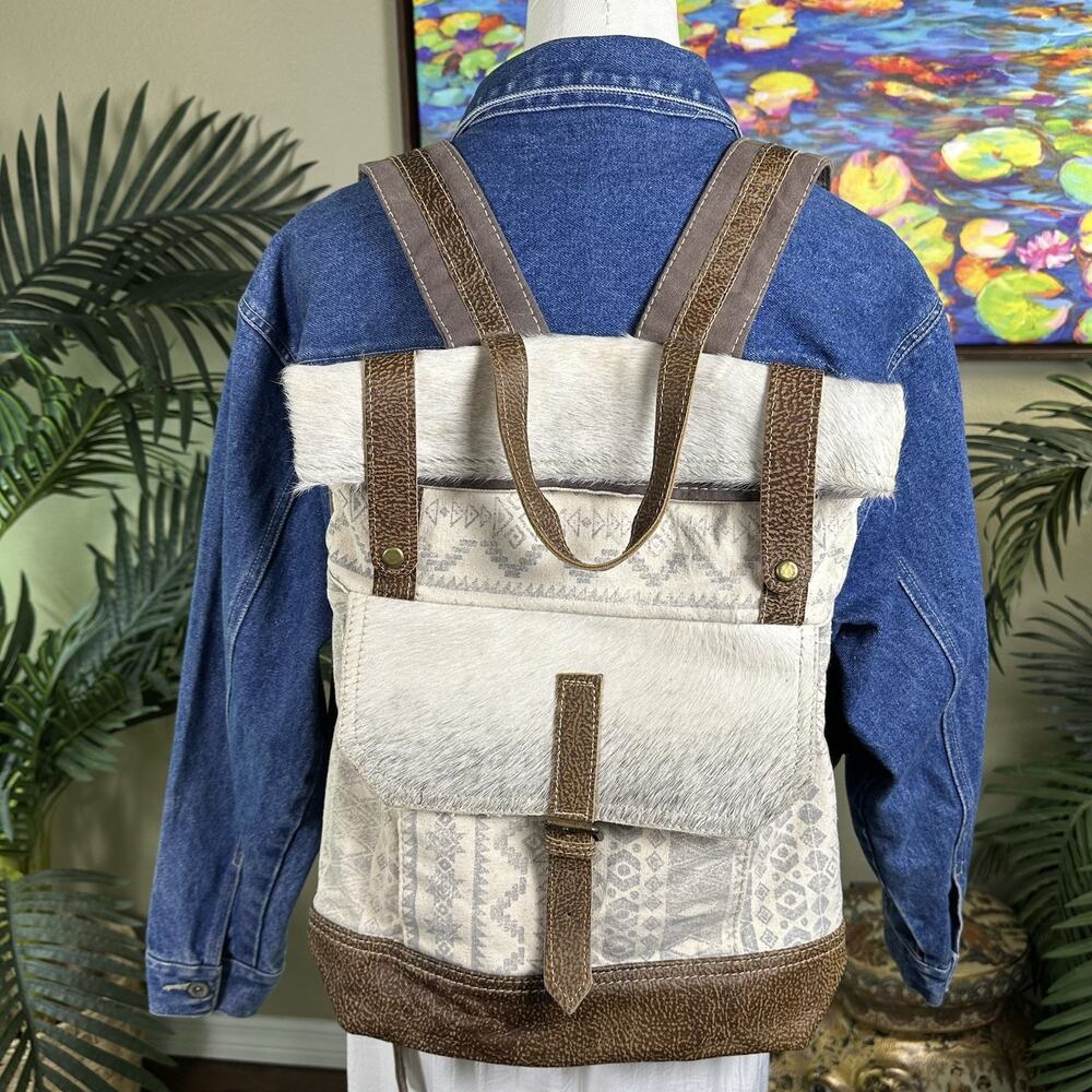 Myra Bag Backpack Hair on Hide, Leather , Canvas Foldover top -
